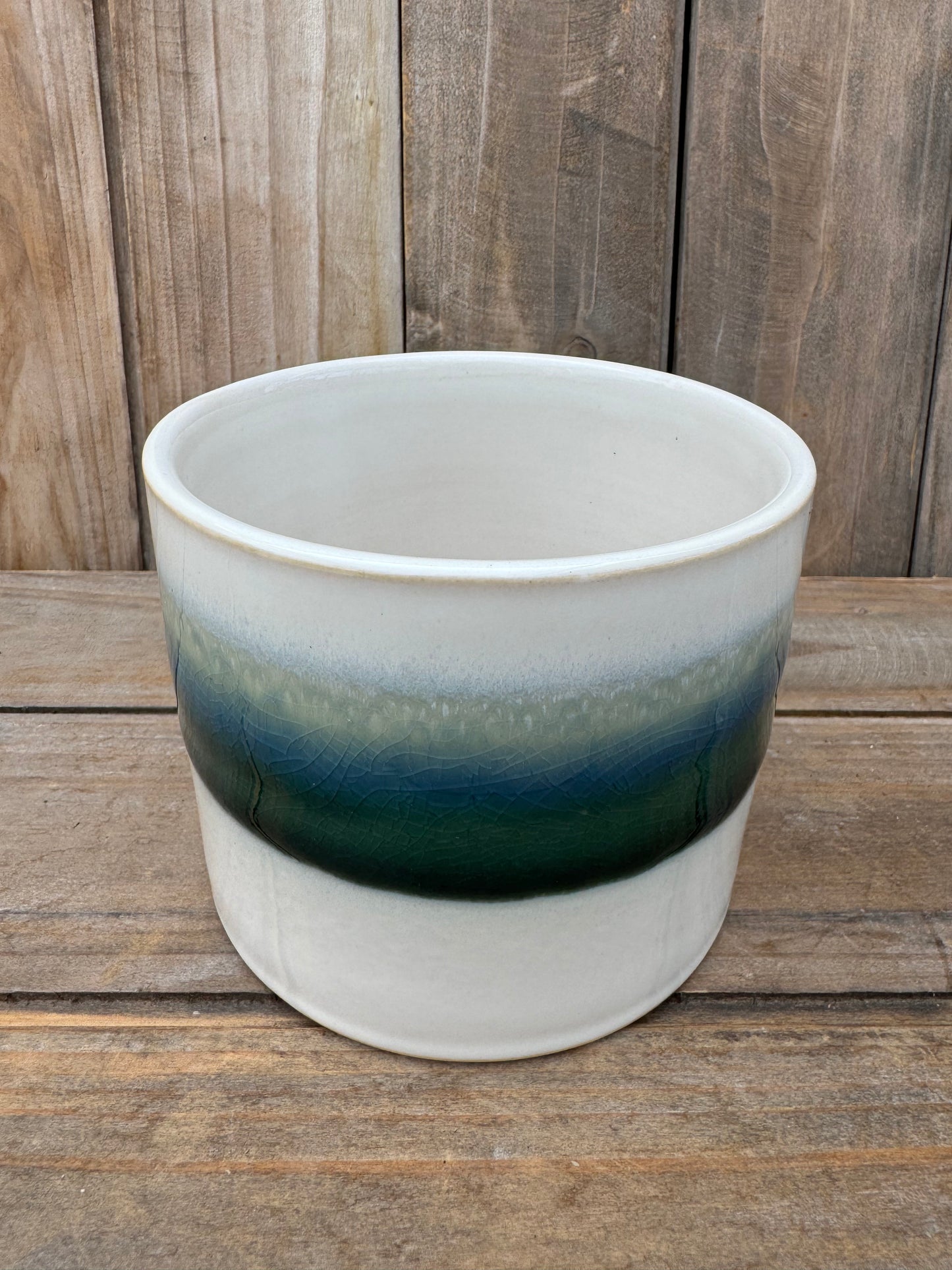 White & Teal Glazed Ceramic Cache Pot